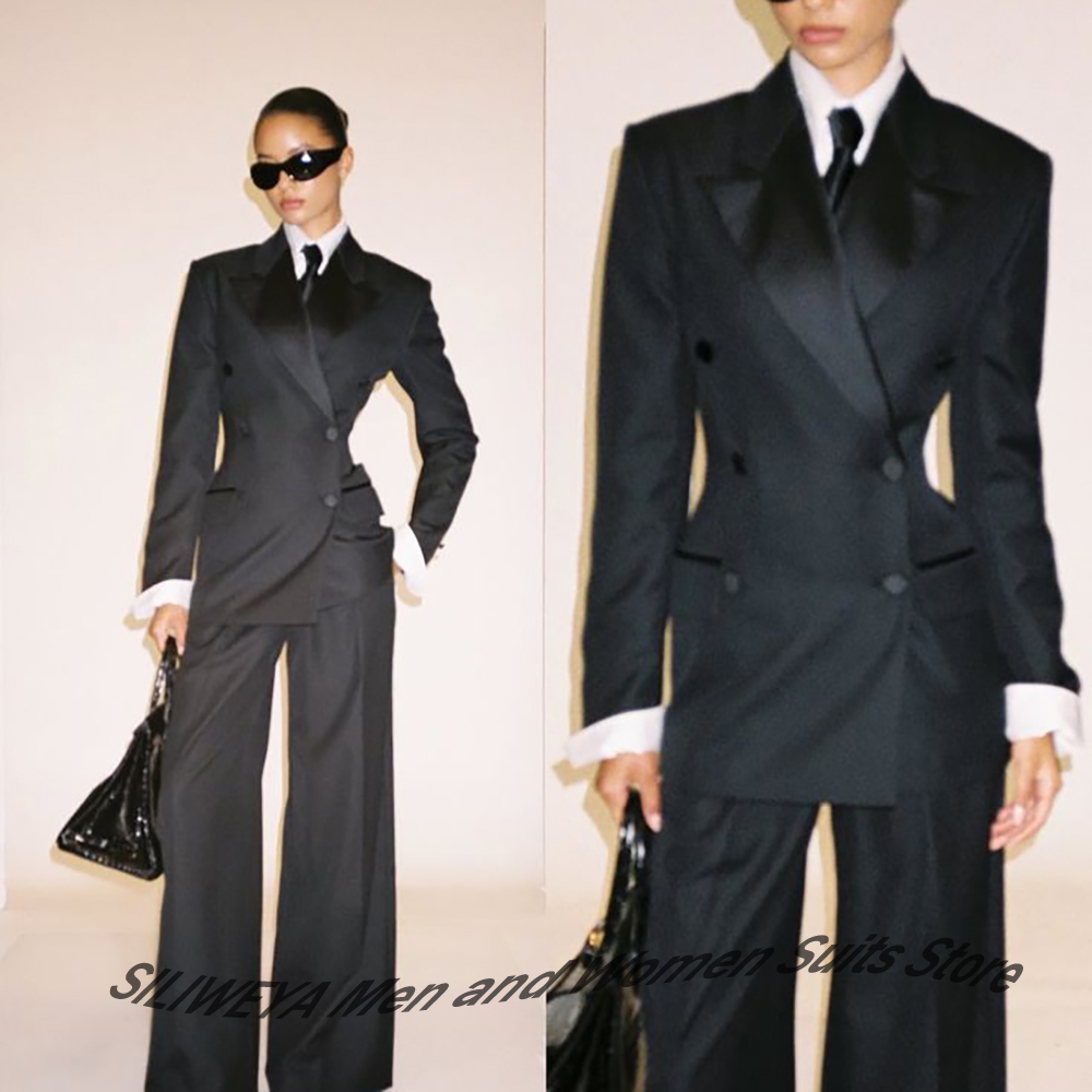 Women'S Elegant Formal Wear - Profesjonalny damski czarny dwurzędowy garnitur slim