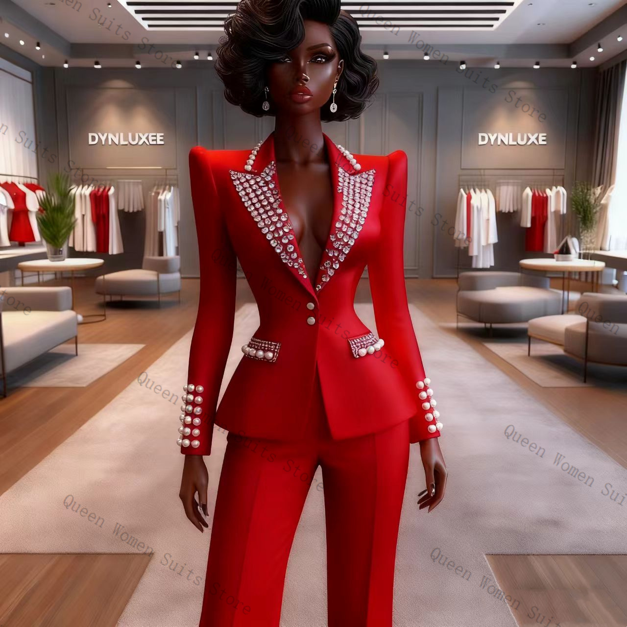 Women'S Red Formal Wear - Perłowy Czerwony Damski Garnitur Spodnie i