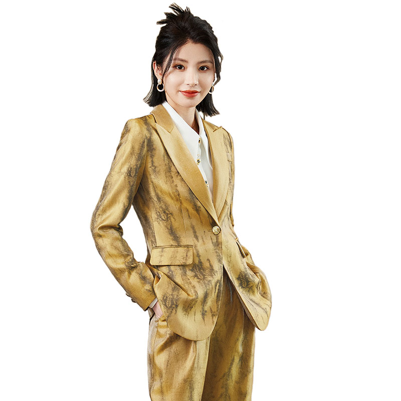 Women Formal Wear With Tie - Kobiety Złoty Czarny Formalny Garnitur Spodnie