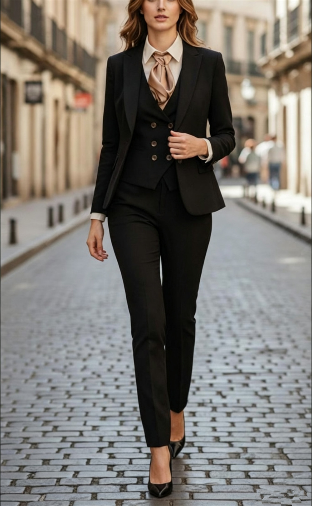 Women Formal Wear Tailor - Damski czarny garnitur 3-częściowy, luksusowy, szyty