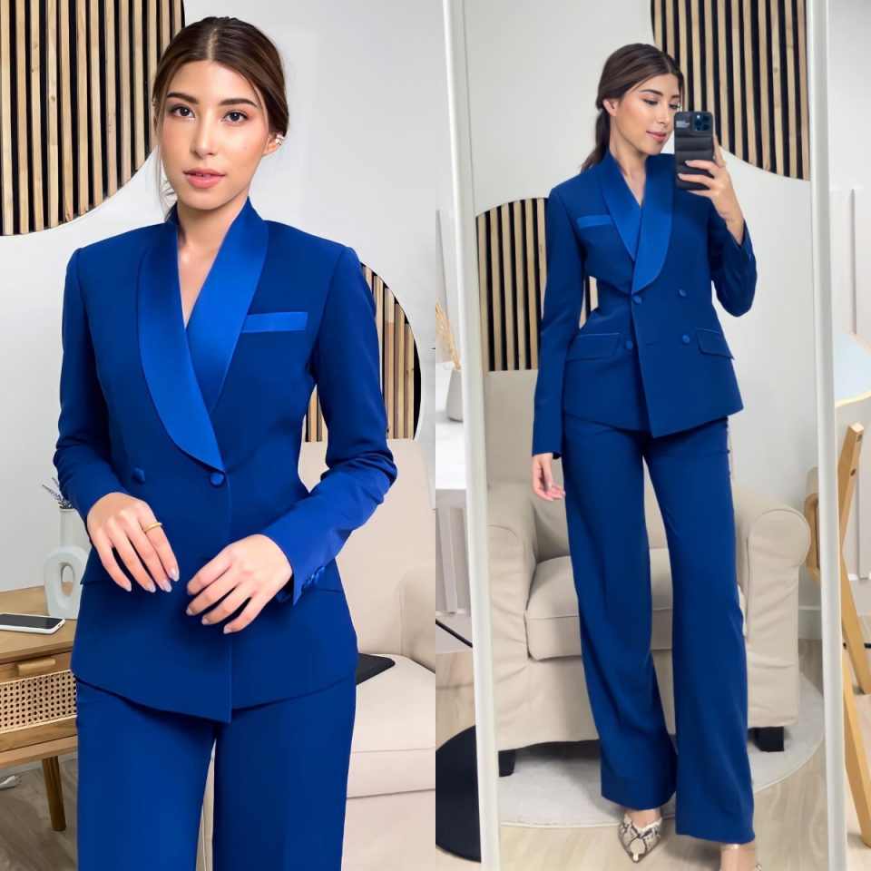 Women Formal Wear With Tie - Królewsko Niebieskie Damskie Komplety Żakietów, Personalizowane