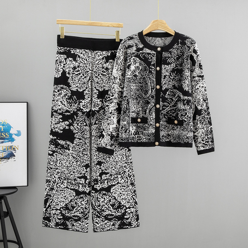 Women'S Formal Wear With Pants - Temperamentny żakardowy zestaw dzianinowy w stylu