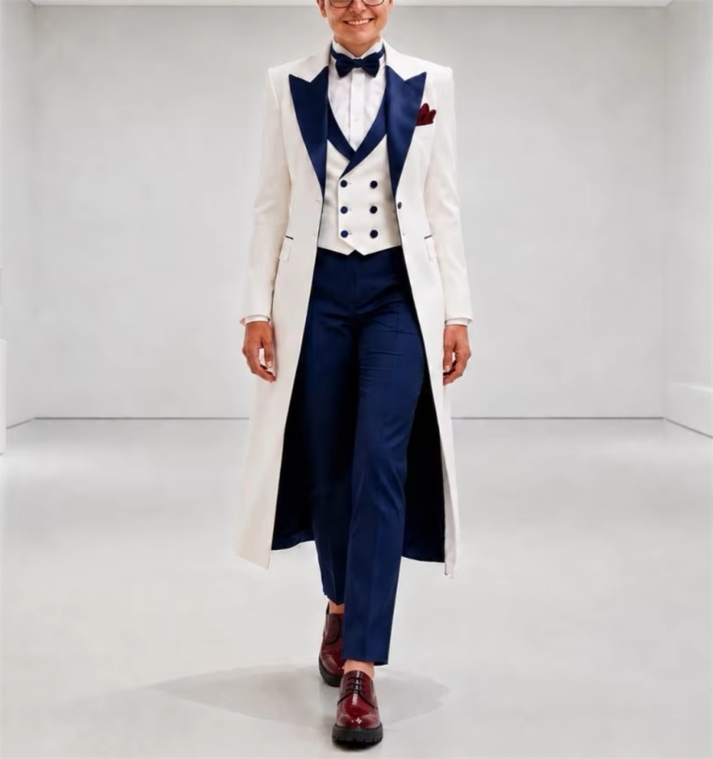 Women Formal Wear Tailor - Granatowo-biała damska marynarka, elegancki, dopasowany strój