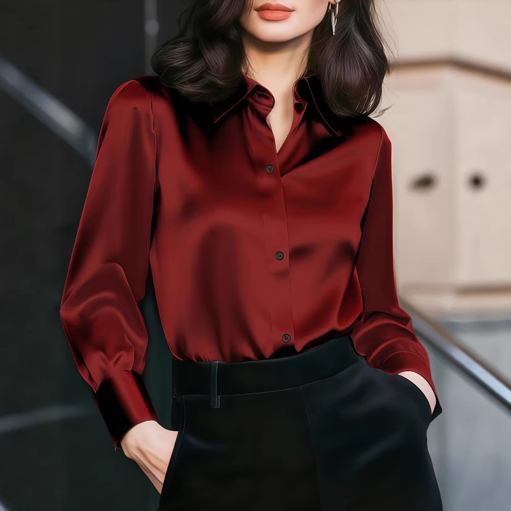 Women'S Elegant Formal Wear - Damska satynowa bluzka z kołnierzykiem z