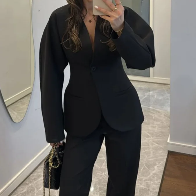 Damski czarny garnitur z dekol – Women Formal Wear With Tie recenzja i cena