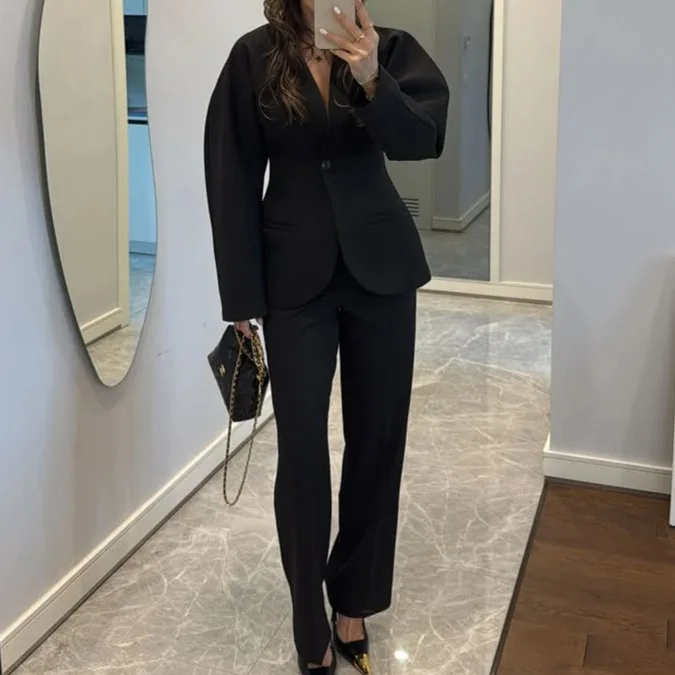 Damski czarny garnitur z dekol – Women Formal Wear With Tie recenzja i cena