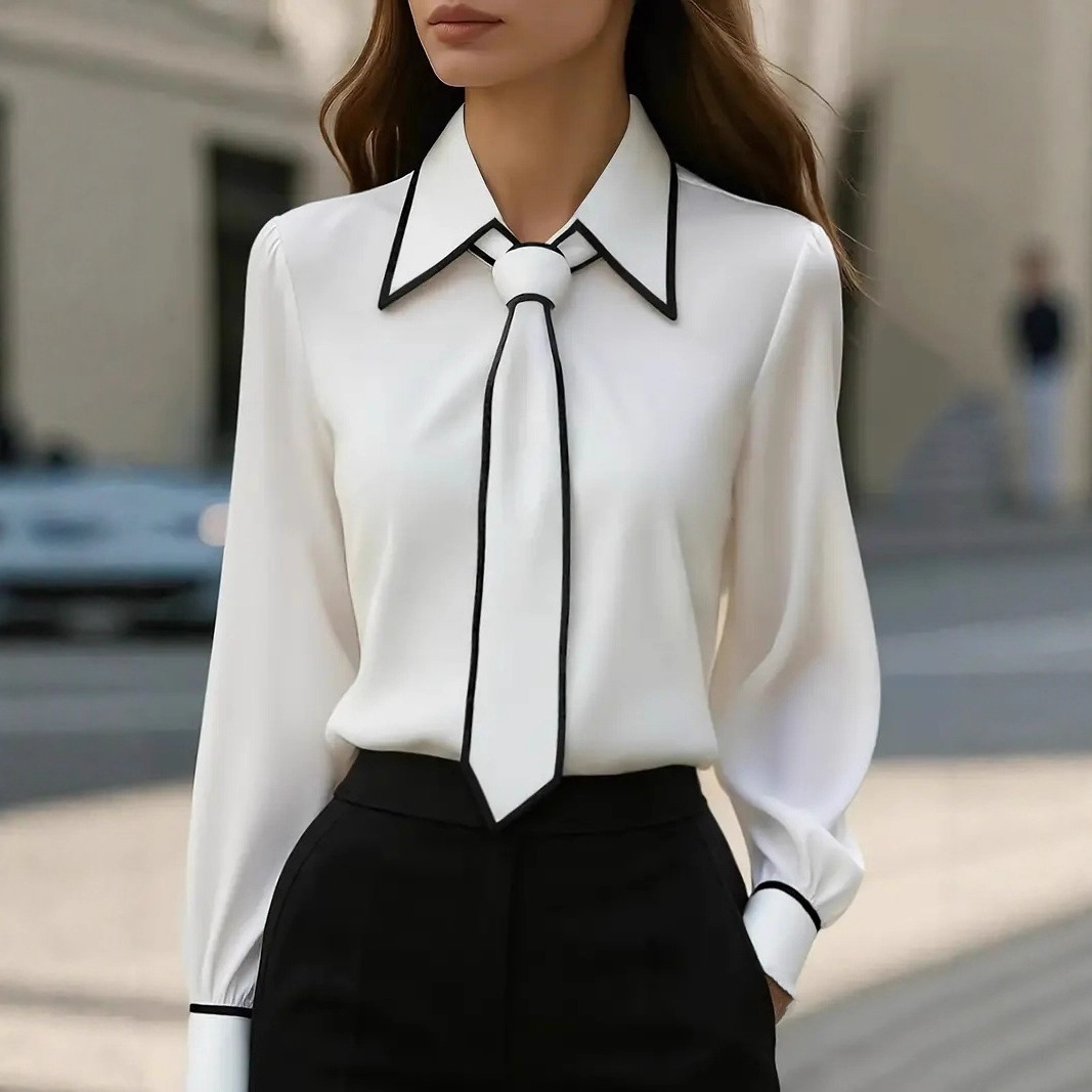 Damska bluzka z kontrastowym w – Women Formal Wear With Tie recenzja i cena